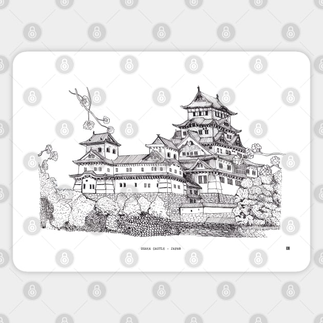 Osaka Castle Japan Pen and Ink Illustration Sticker by Wall-Art-Sketch